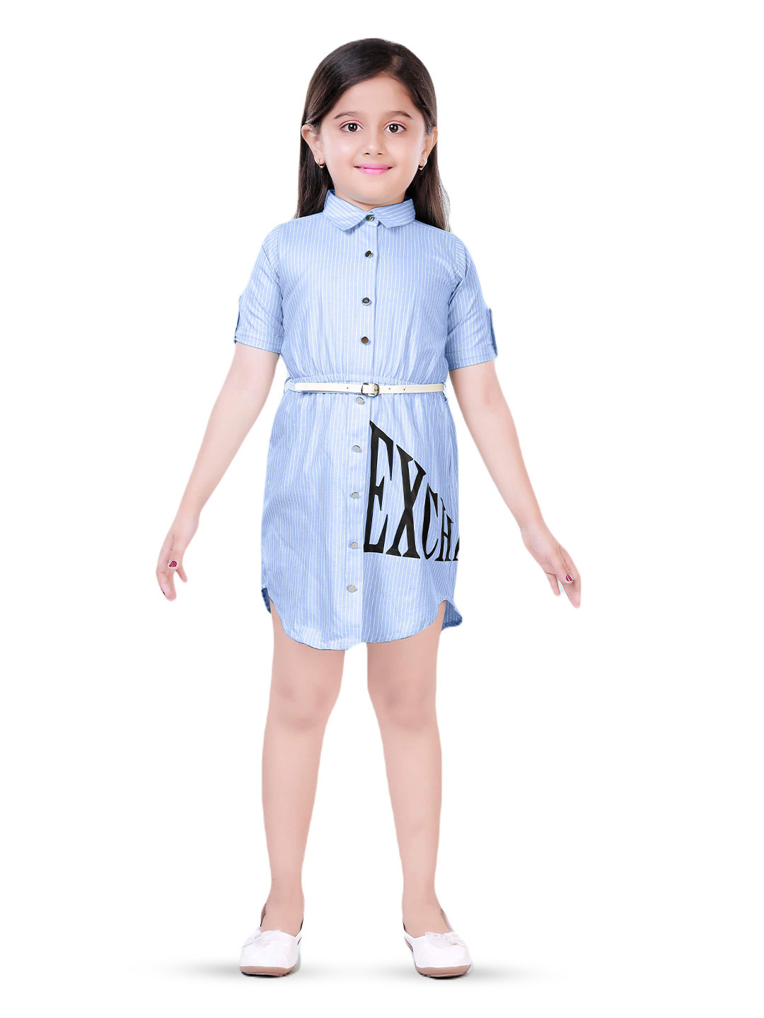 

Hunny Bunny Striped Printed Roll-Up Sleeves Cotton Shirt Dress, Blue