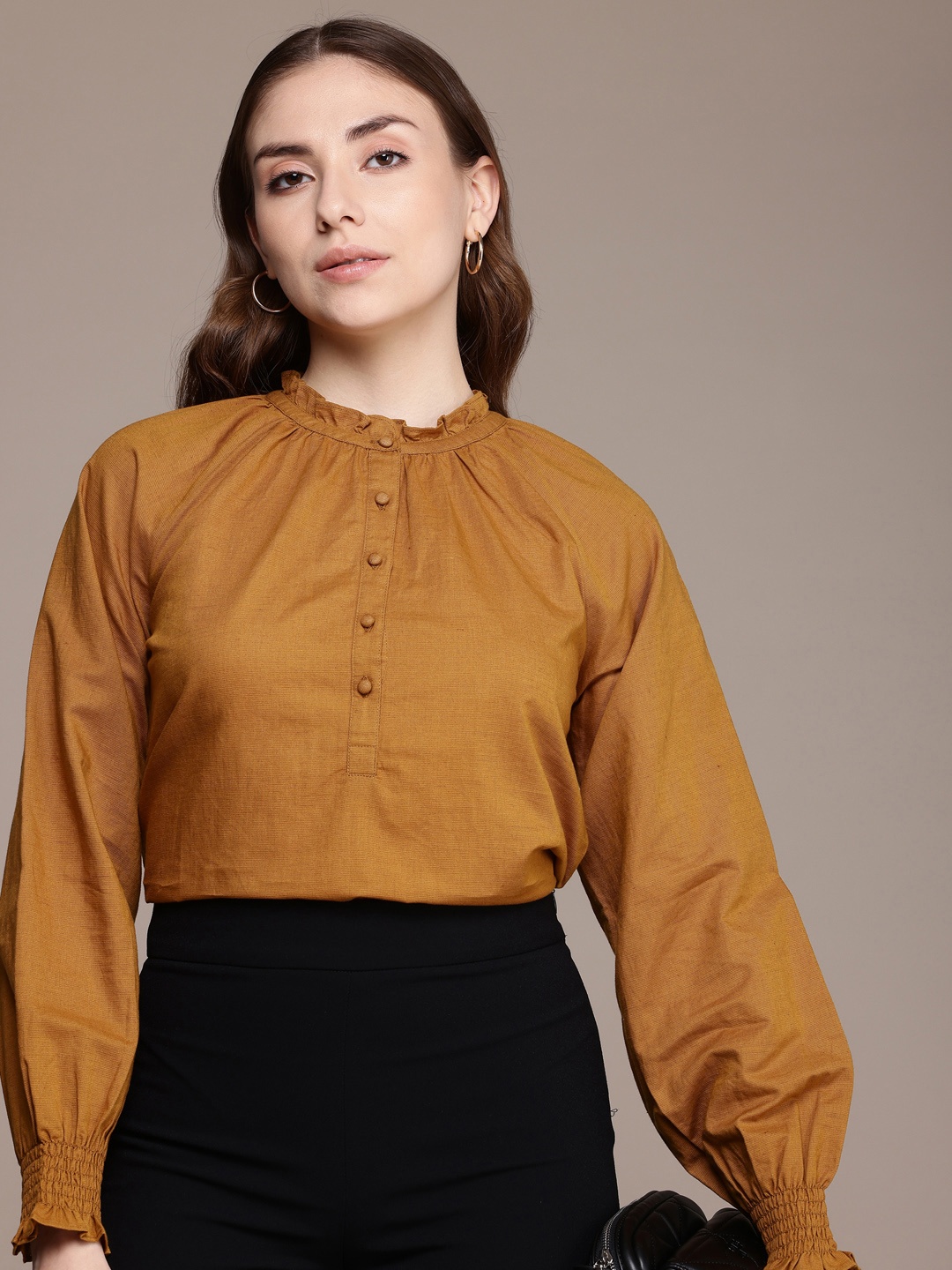 

French Connection Band Collar Raglan Sleeves Gathered Detailed Cotton Linen Top, Camel brown