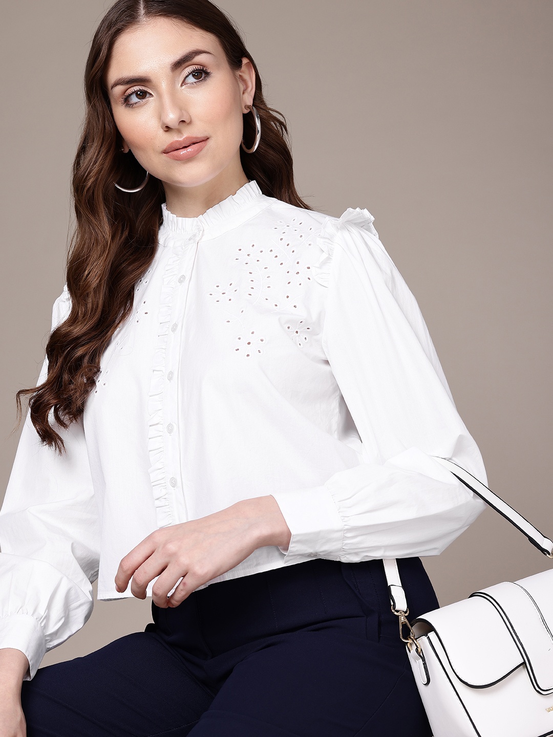 

French Connection Floral Embroidered Band Collar Ruffles Pure Cotton Shirt Style Crop Top, White