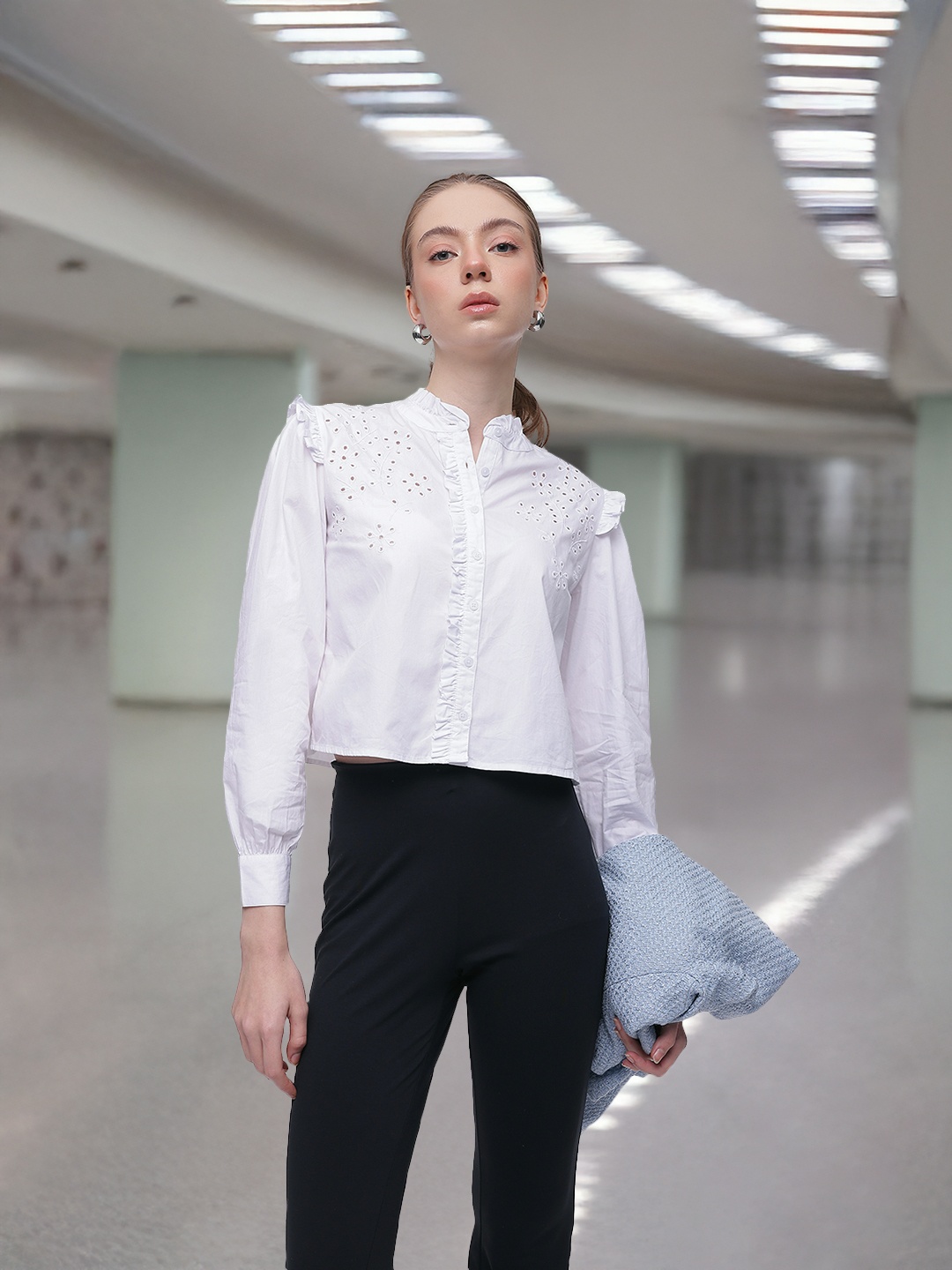 

French Connection Schiffli Embroidered Ruffles Pure Cotton Shirt Style Top, White