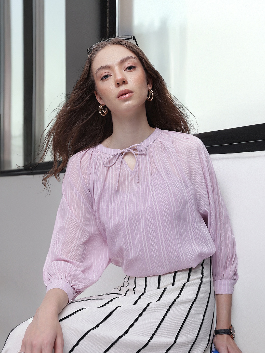 

French Connection Self Striped Tie-Up Neck Top Comes With A Inner Camisole, Lavender