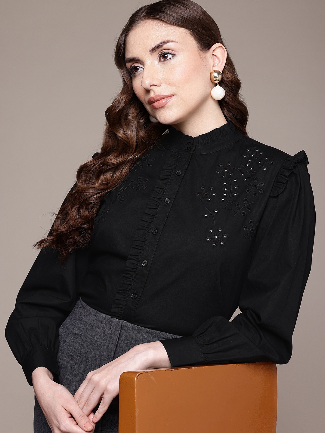 

French Connection Floral Embroidered Band Collar Ruffles Pure Cotton Shirt Style Crop Top, Black