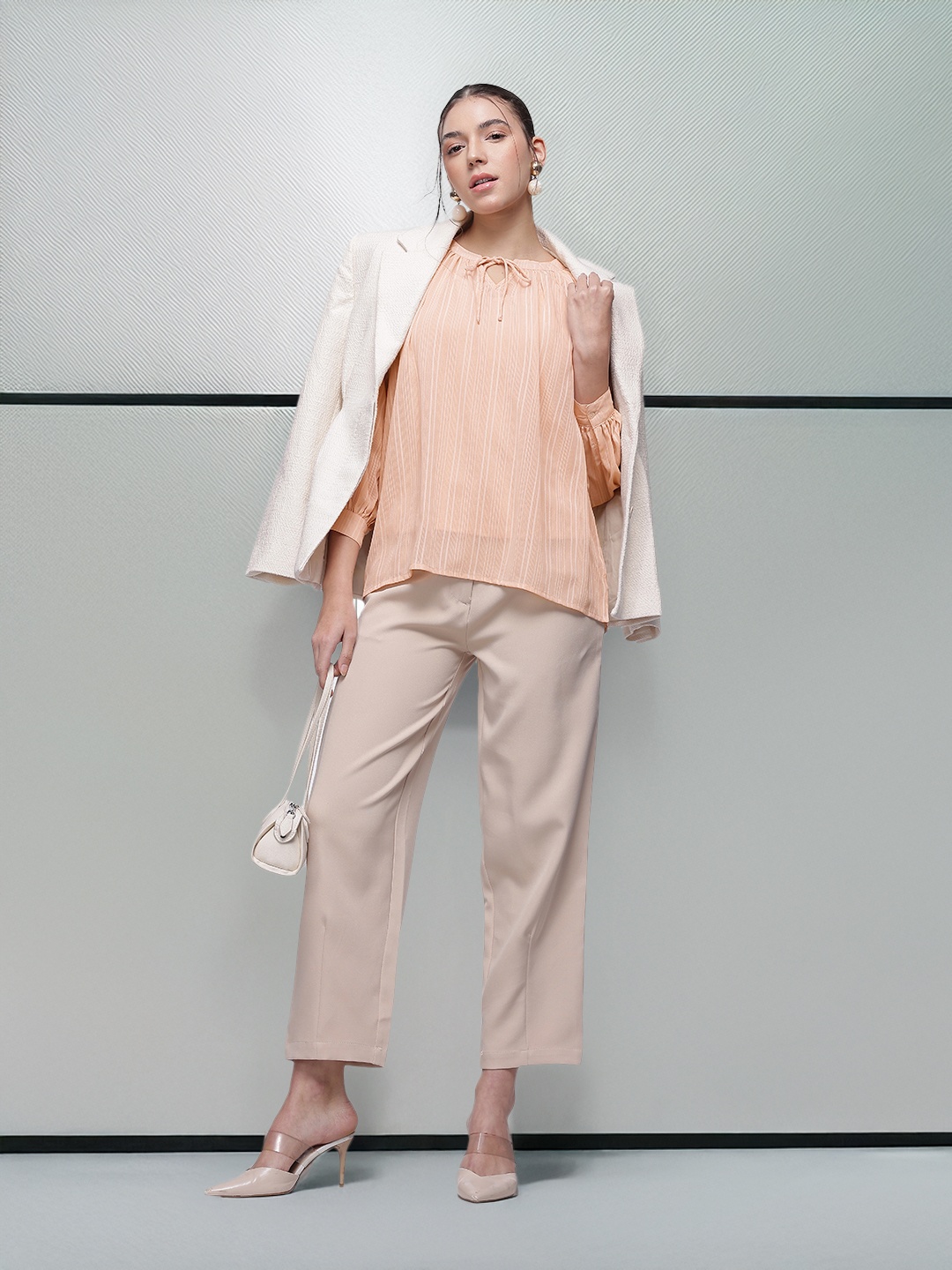 

French Connection Self Striped Tie-Up Neck Top Comes With A Inner Camisole, Peach