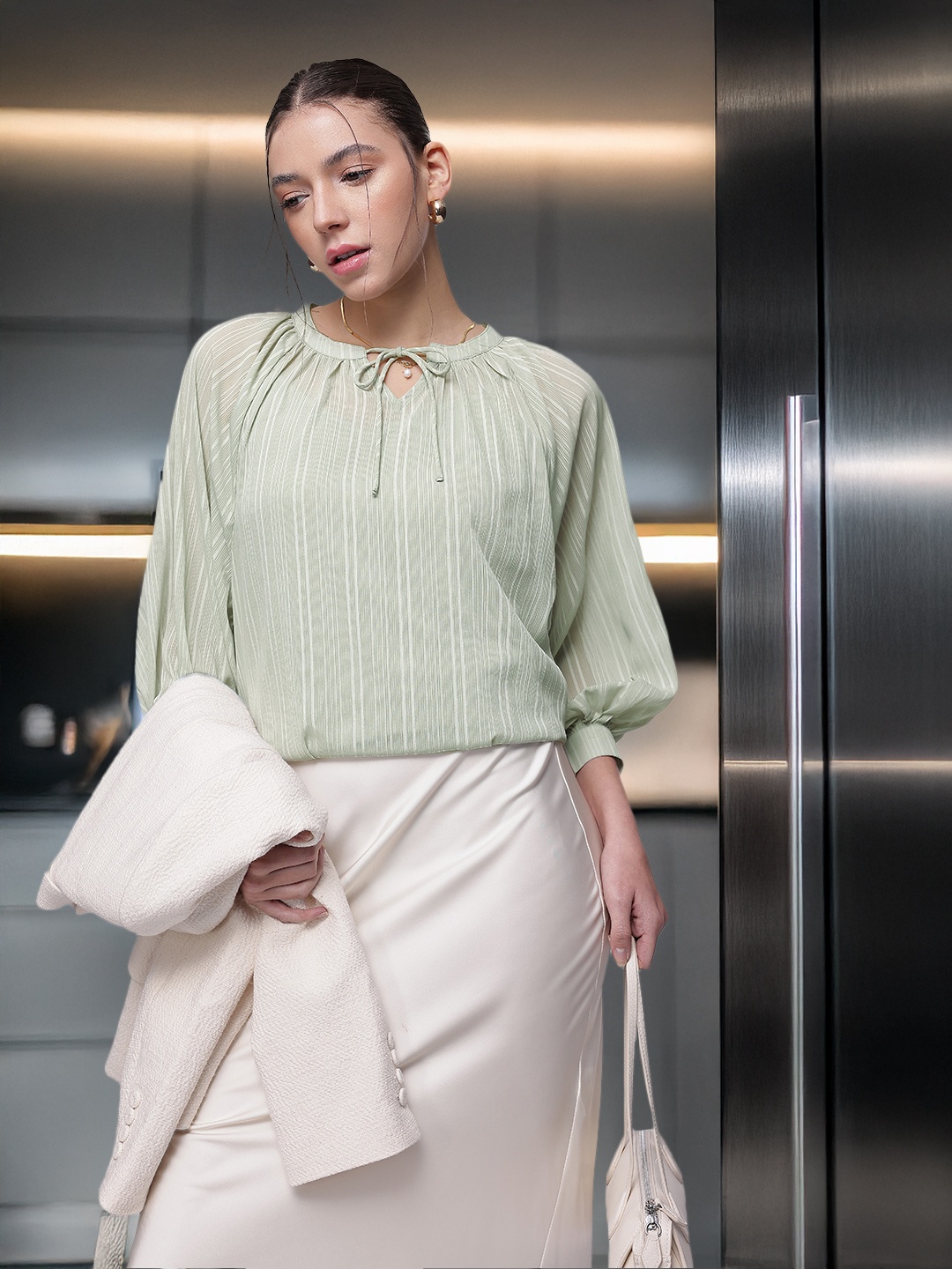 

French Connection Self Striped Tie-Up Neck Top Comes With A Inner Camisole, Green