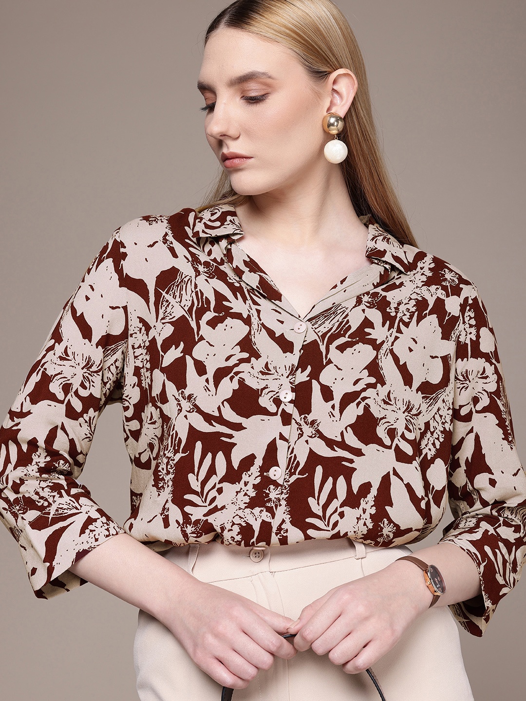 

French Connection Spread Collar Floral Printed Casual Shirt, Maroon