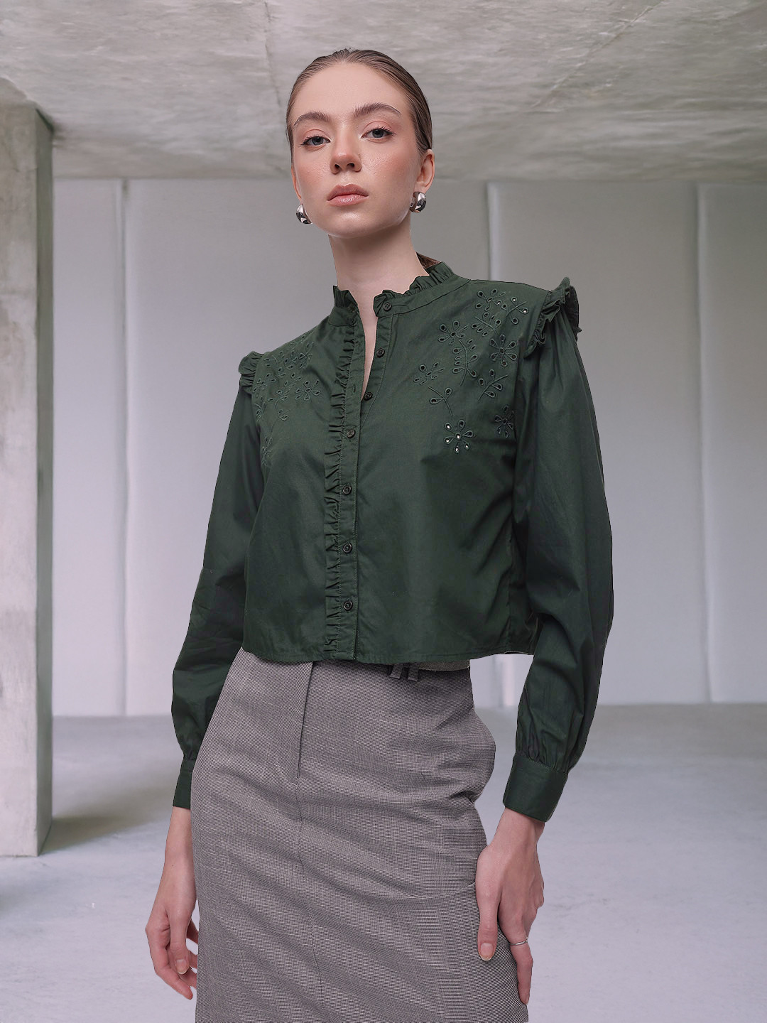 

French Connection Schiffli Embroidered Ruffles Pure Cotton Shirt Style Top, Green
