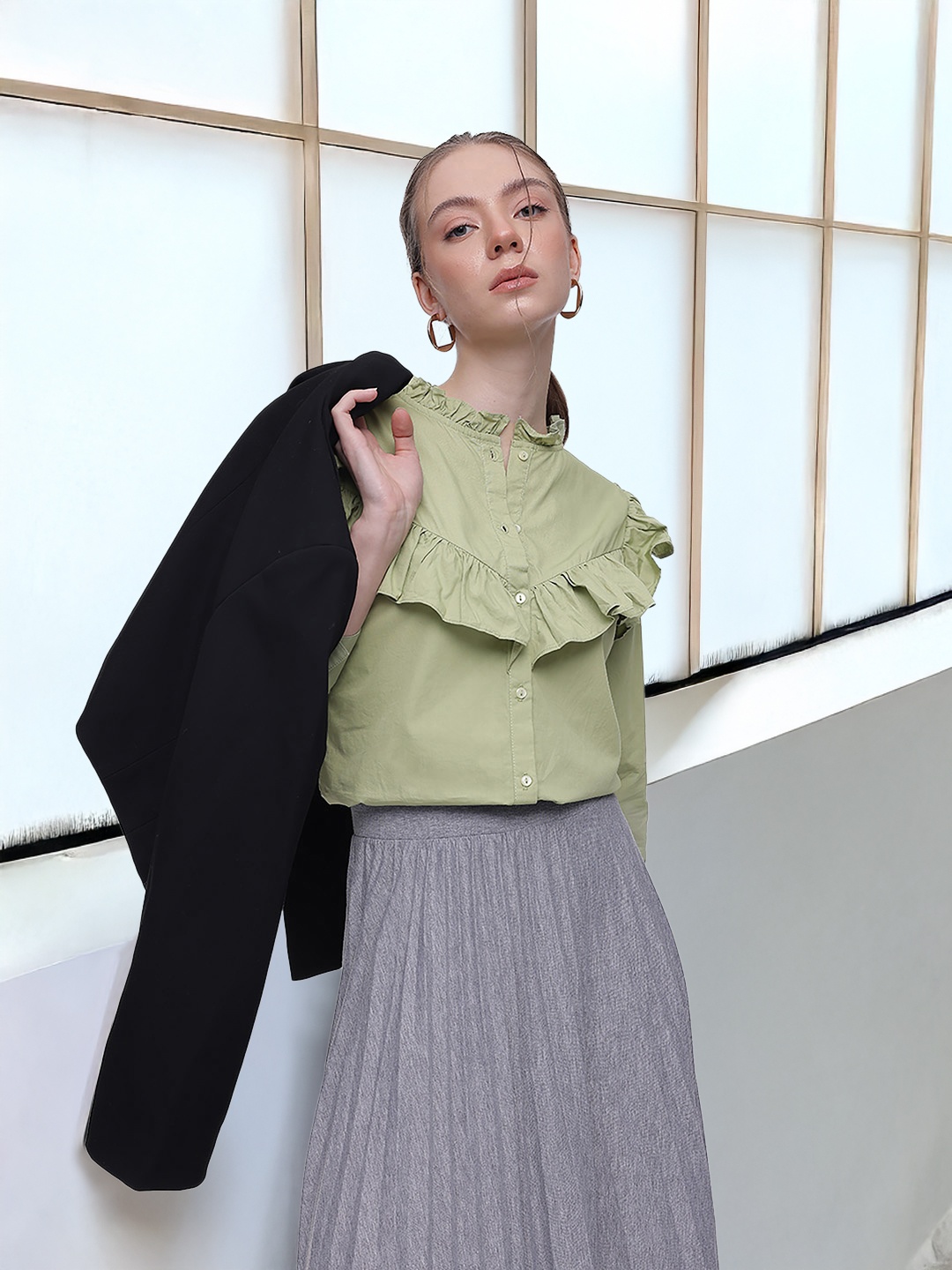 

French Connection Mandarin Collar Cuffed Sleeves Pure Cotton Shirt Style Top, Green