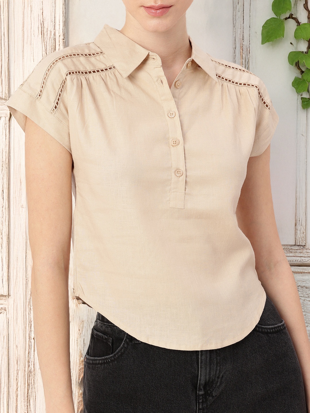 

DressBerry Edgy Classic Extended Sleeves Schiffli Lace Detail Shirt Style Top, Beige