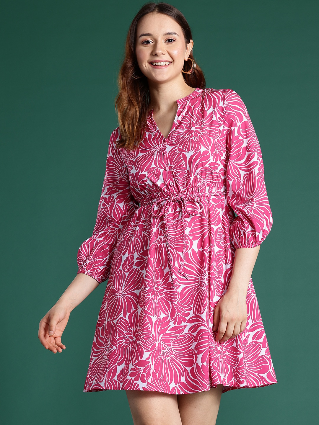 

DressBerry Floral Printed Puff Sleeves Fit & Flare Dress, Pink