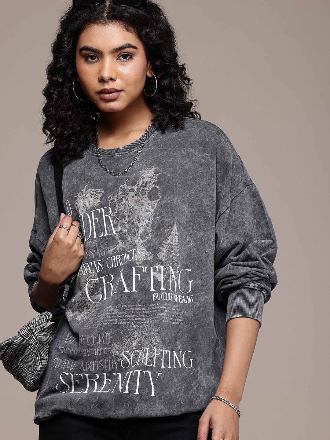 

The Roadster Life Co. Dyed Effect Typography Printed Pure Cotton Pullover Sweatshirt, Grey