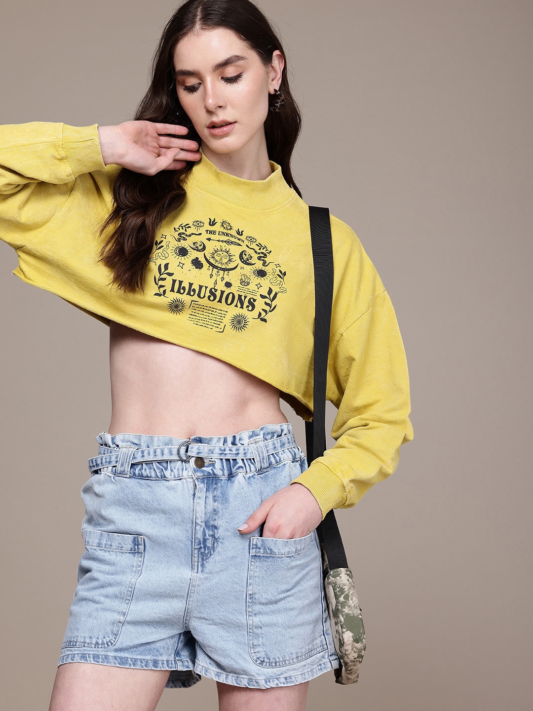 

The Roadster Life Co. Graphic Printed Washed Effect Pure Cotton Crop Sweatshirt, Mustard