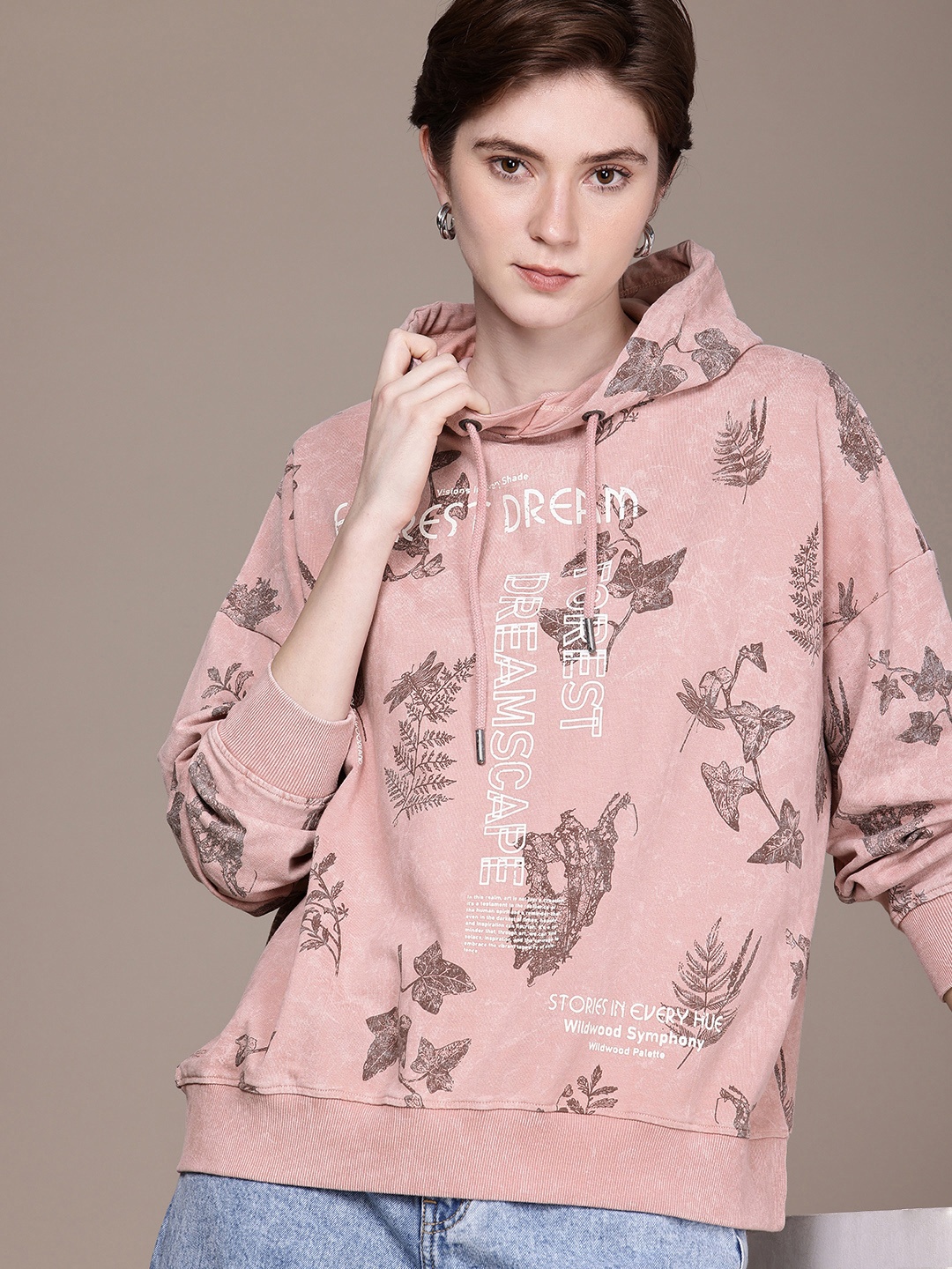 

The Roadster Life Co. Pure Cotton Tropical Printed Hooded Sweatshirt, Rose