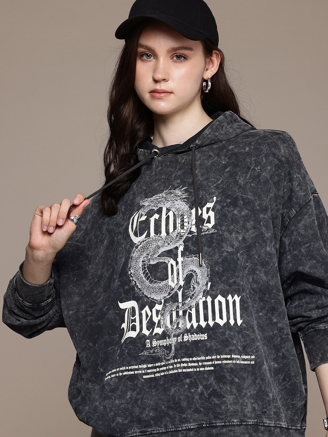 

The Roadster Life Co. Pure Cotton Graphic Printed Washed Hooded Sweatshirt, Grey