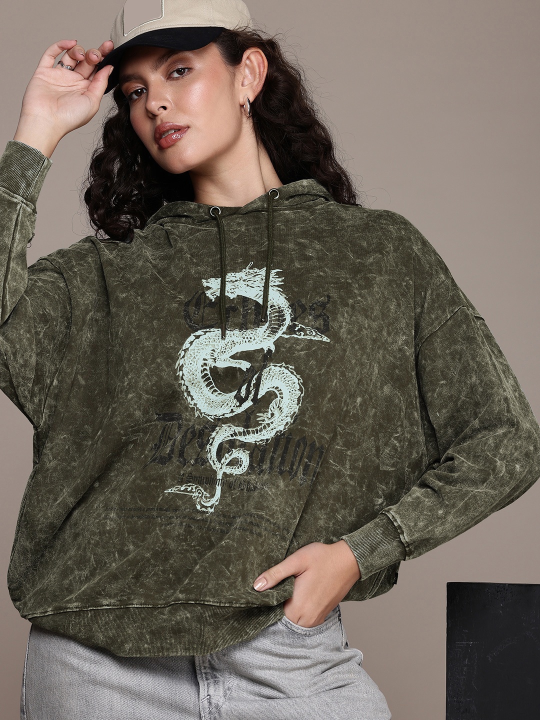 

The Roadster Life Co. Graphic Printed Hooded Pure Cotton Sweatshirt, Olive