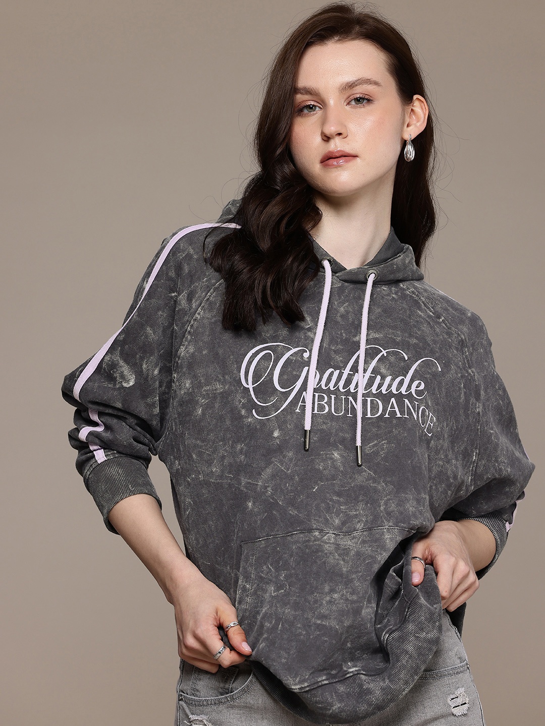 

The Roadster Life Co. Pure Cotton Typography Printed Washed Hooded Sweatshirt, Grey