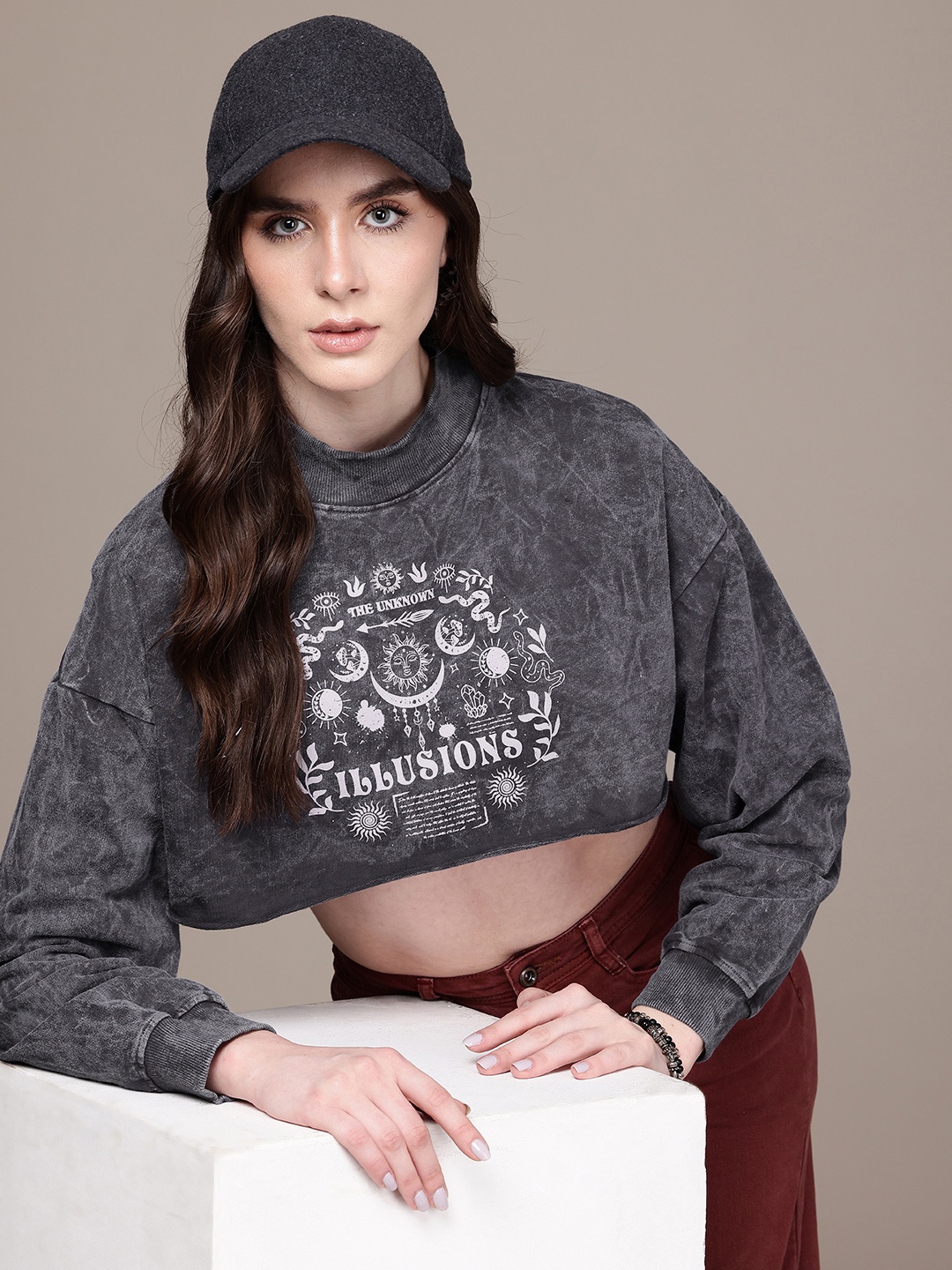 

The Roadster Life Co. Graphic Printed Washed Effect Pure Cotton Crop Sweatshirt, Grey