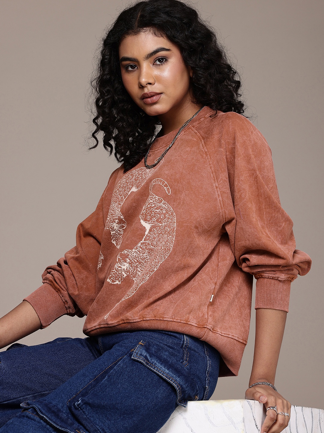 

The Roadster Life Co. Graphic Printed Washed Effect Pure Cotton Sweatshirt, Rust