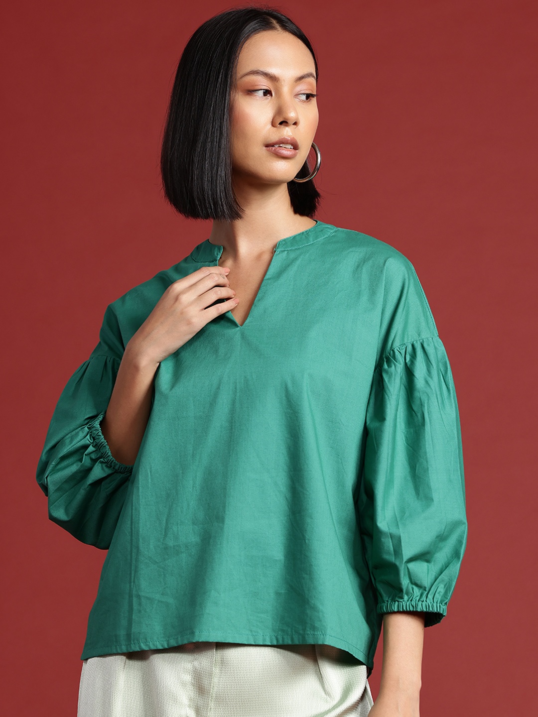 

All About You Formals Mandarin Collar Cotton Top, Green