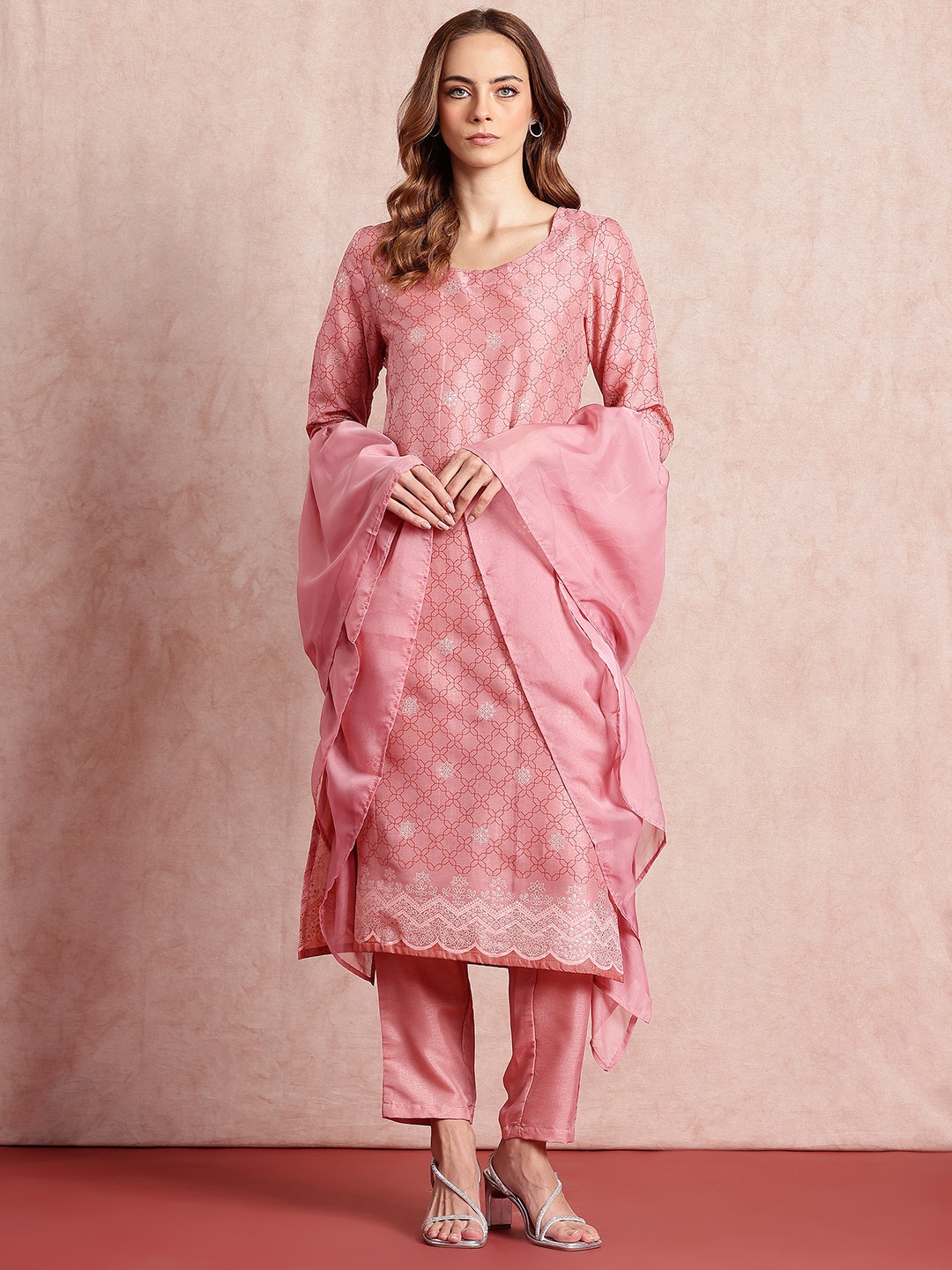 

all about you Printed Kurta with Trousers & Dupatta, Rose