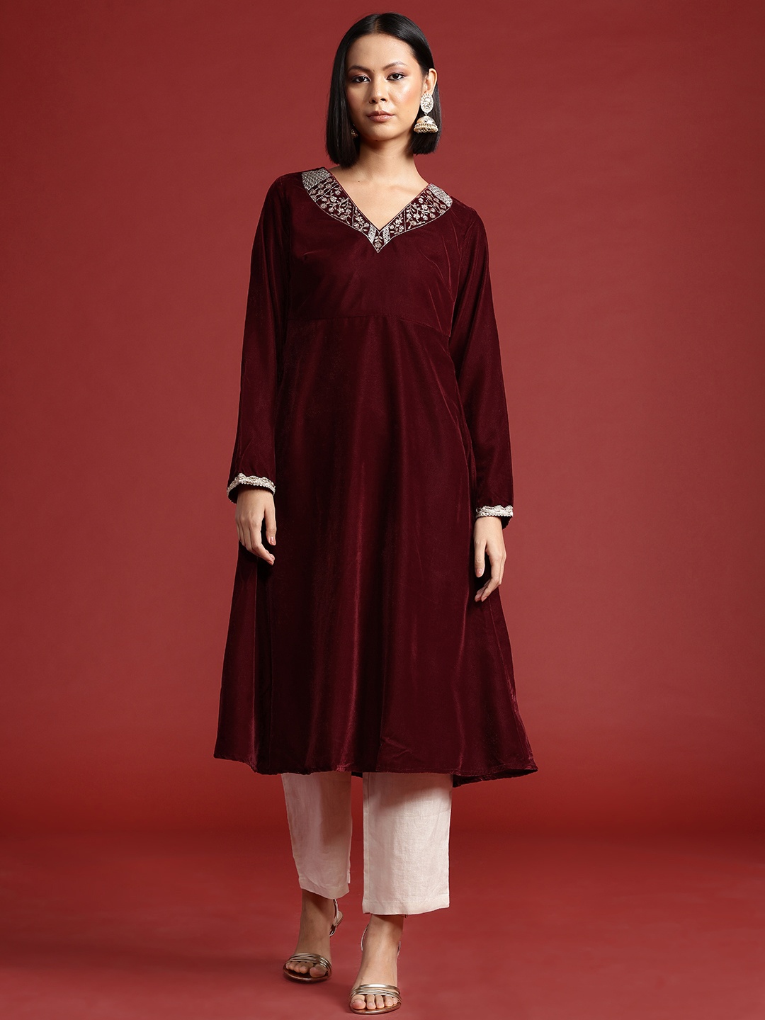 

all about you Velvet Finish Embroidered Kurta, Brown