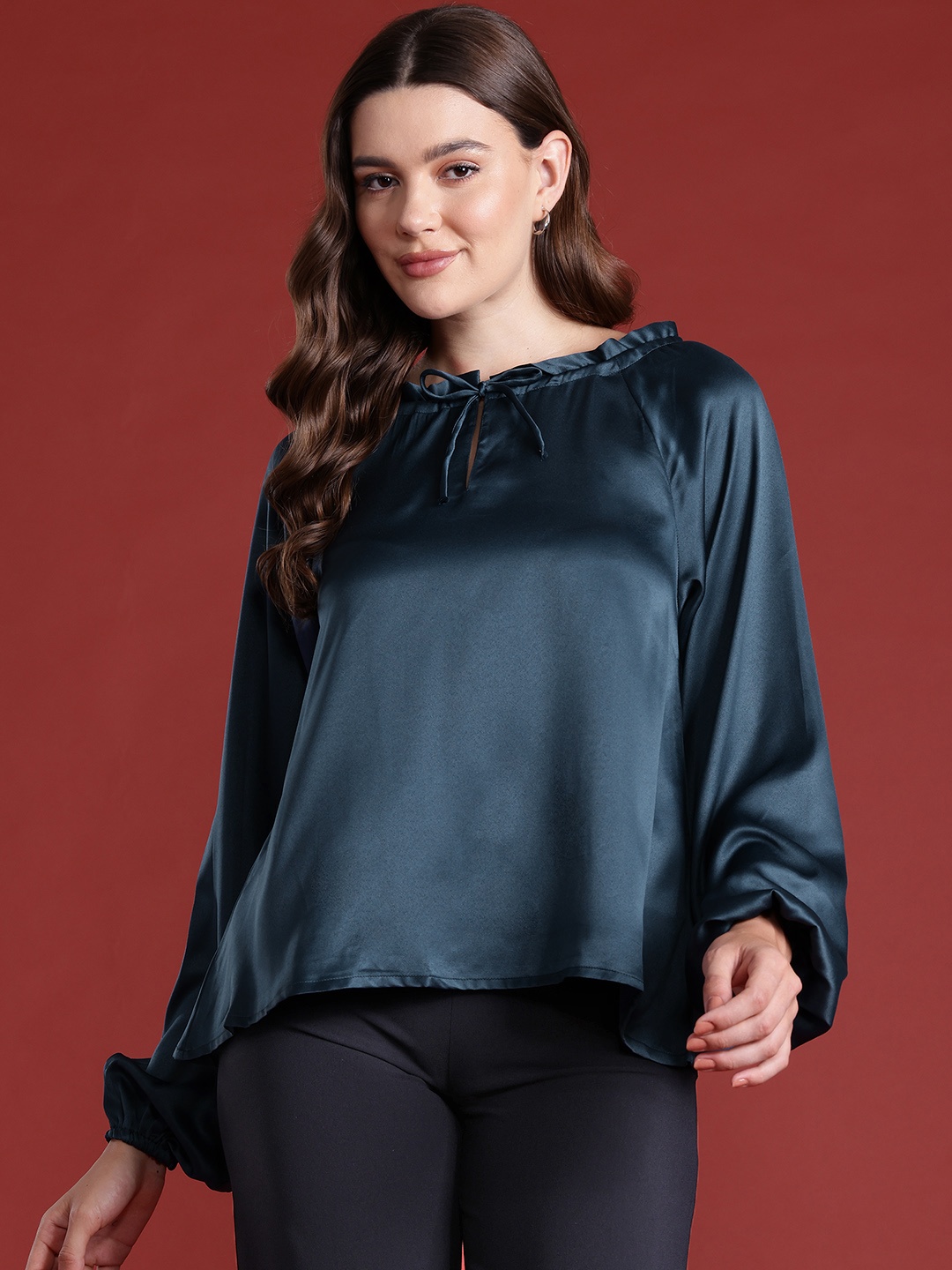 

All About You Formals Satin Finish Tie-Up Neck Top, Teal