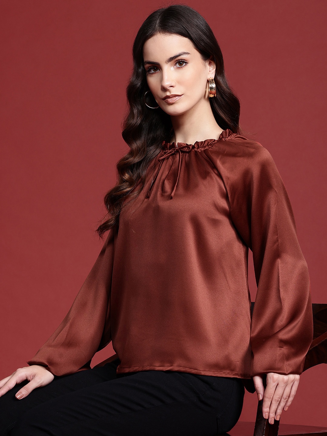 

All About You Formals Puff Sleeve Top with Tie-Up Neckline, Brown