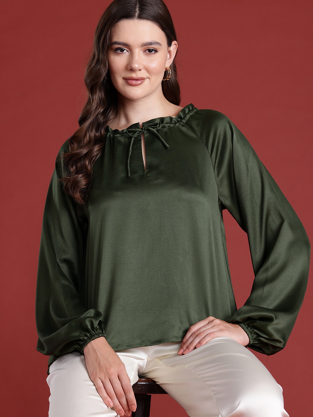 

All About You Formals Satin Finish Tie-Up Neck Top, Olive