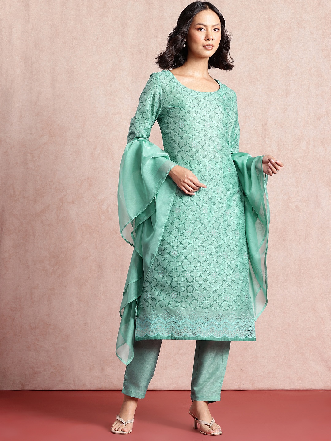 

all about you Printed Kurta with Trousers & Dupatta, Green