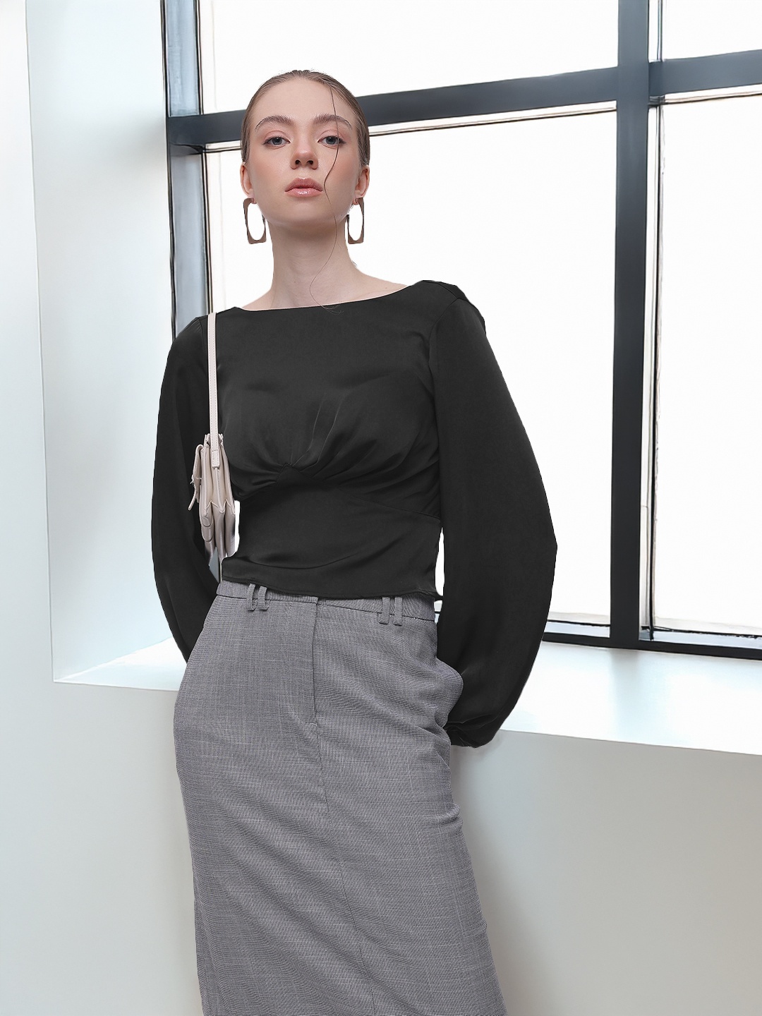 

French Connection Boat Neck Gathered Top, Black