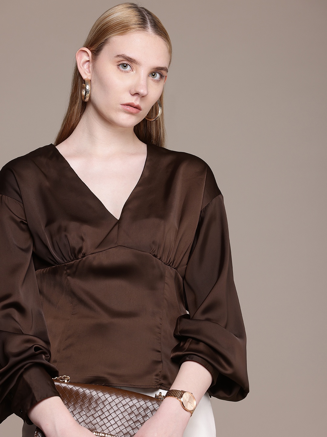 

French Connection V-Neck Cuffed Sleeves Gathered or Pleated Satin Empire Top, Brown