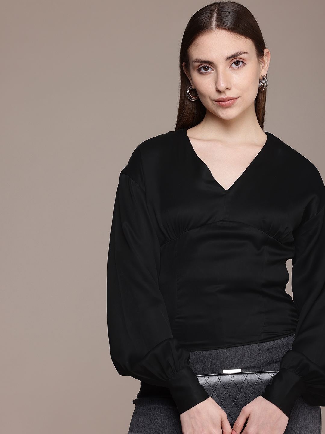

French Connection V-Neck Cuffed Sleeves Gathered or Pleated Satin Empire Top, Black