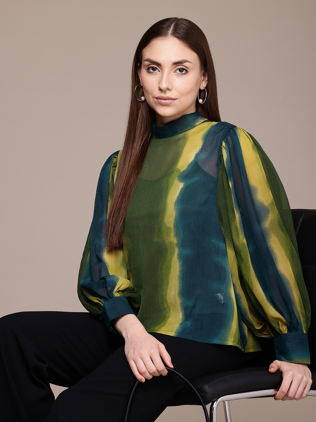 

French Connection Abstract Printed High Neck Puff Sleeves Tie-Ups Top With Slip, Green