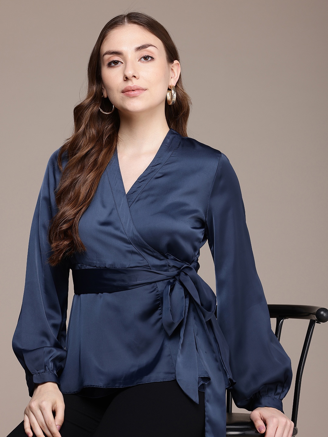 

French Connection V-Neck Satin Finish Wrap Top, Navy blue