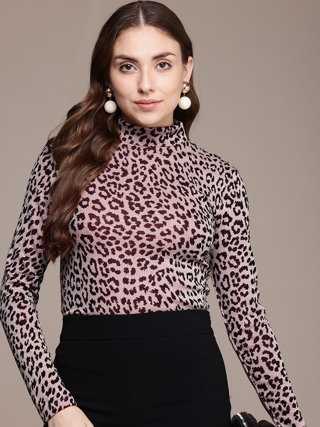

French Connection Animal Print High-Neck Long Sleeves Regular Top, Beige
