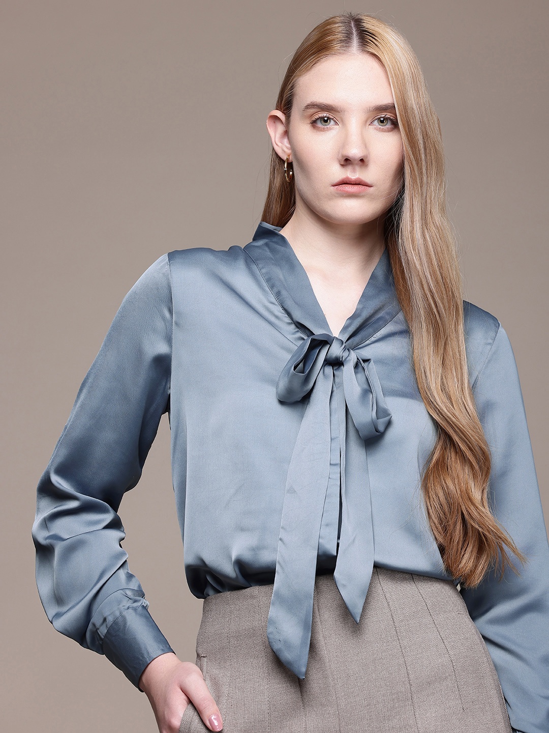 

French Connection Tie-Up Neck Casual Shirt, Grey