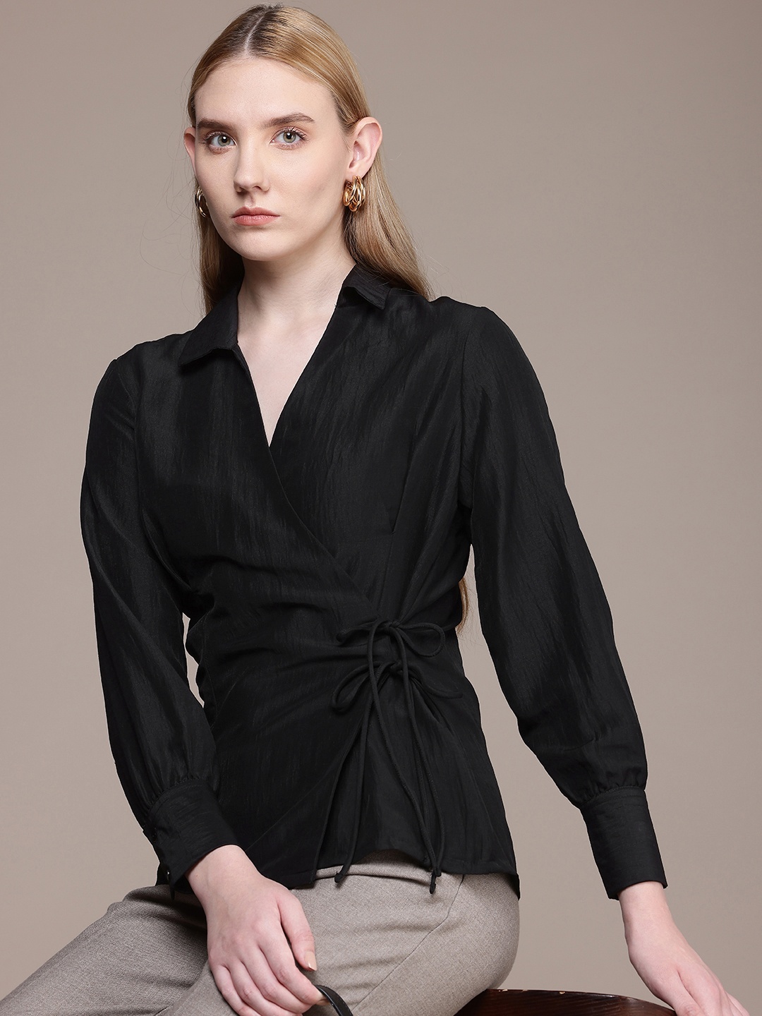 

French Connection Shirt Collar Long Sleeves Wrap Top, Black