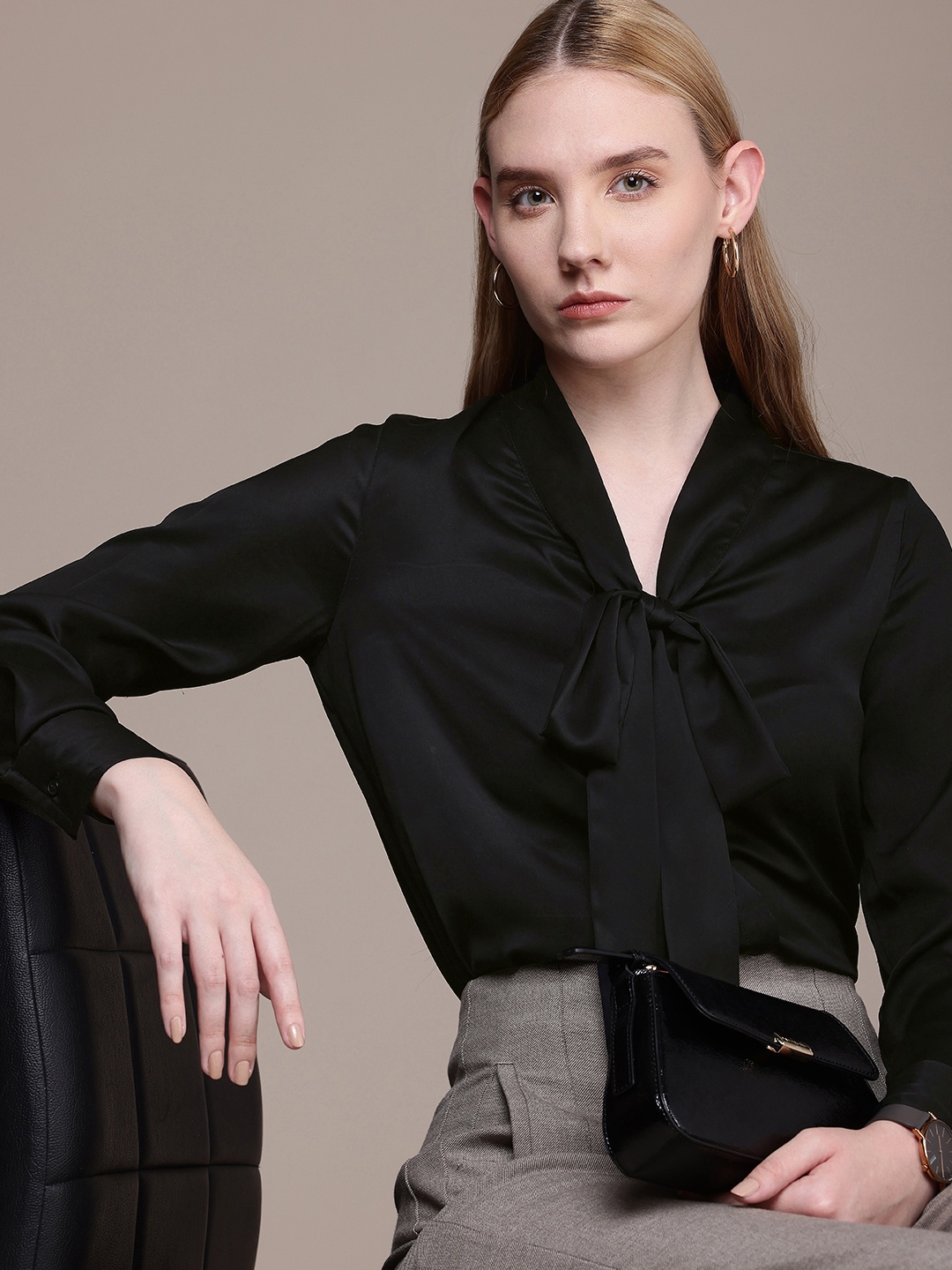 

French Connection Tie-Up Neck Cuffed Sleeves Shirt, Black