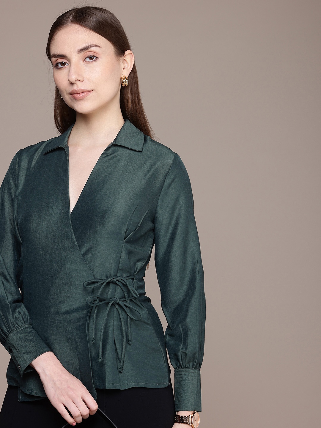 

French Connection Shirt Collar Wrap Top, Green