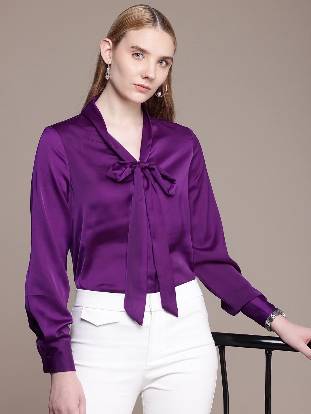 

French Connection Tie-Up Neck Cuffed Sleeves Shirt, Purple
