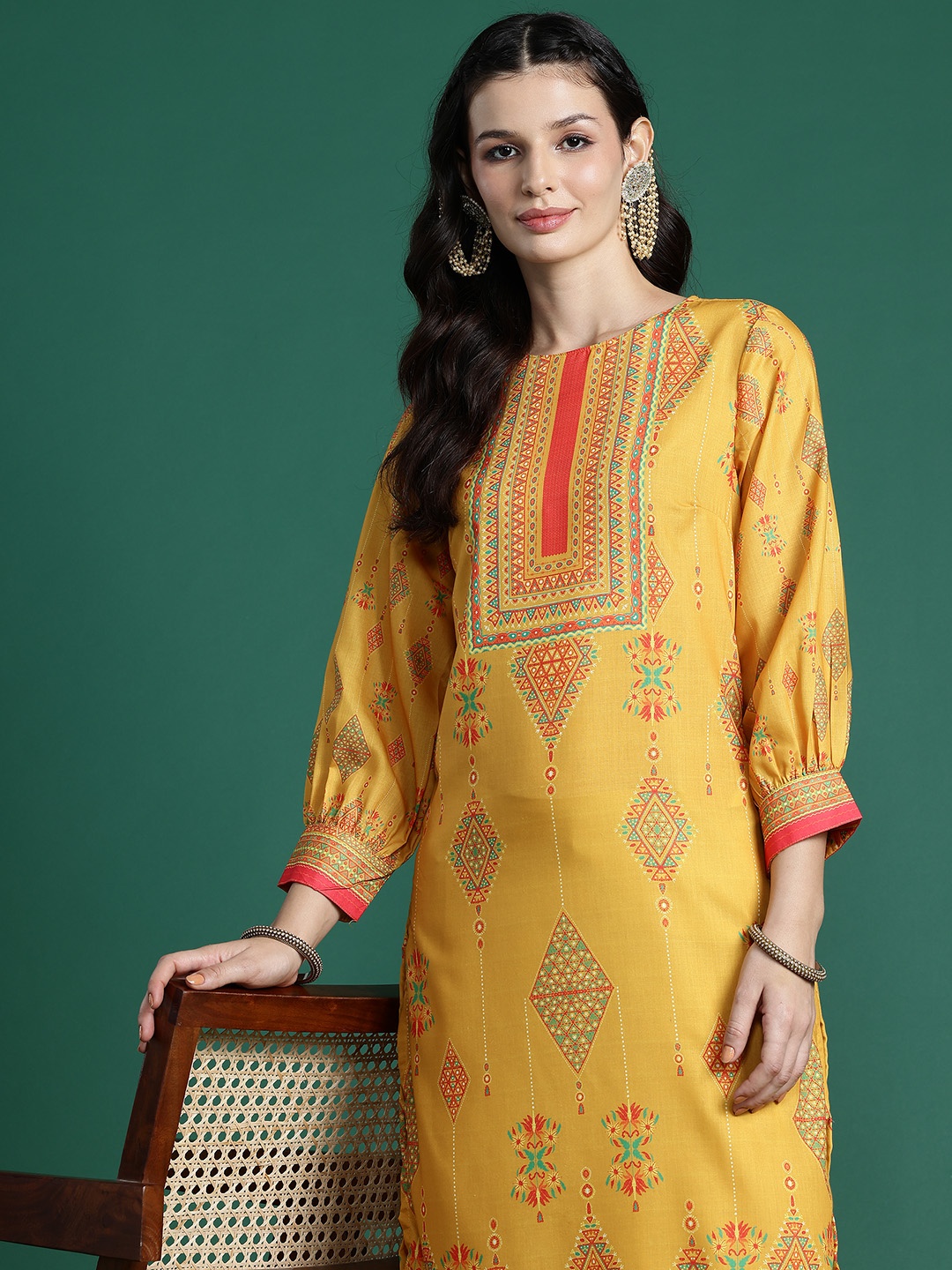 

Sangria Ethnic Motifs Print Straight Kurta, Mustard
