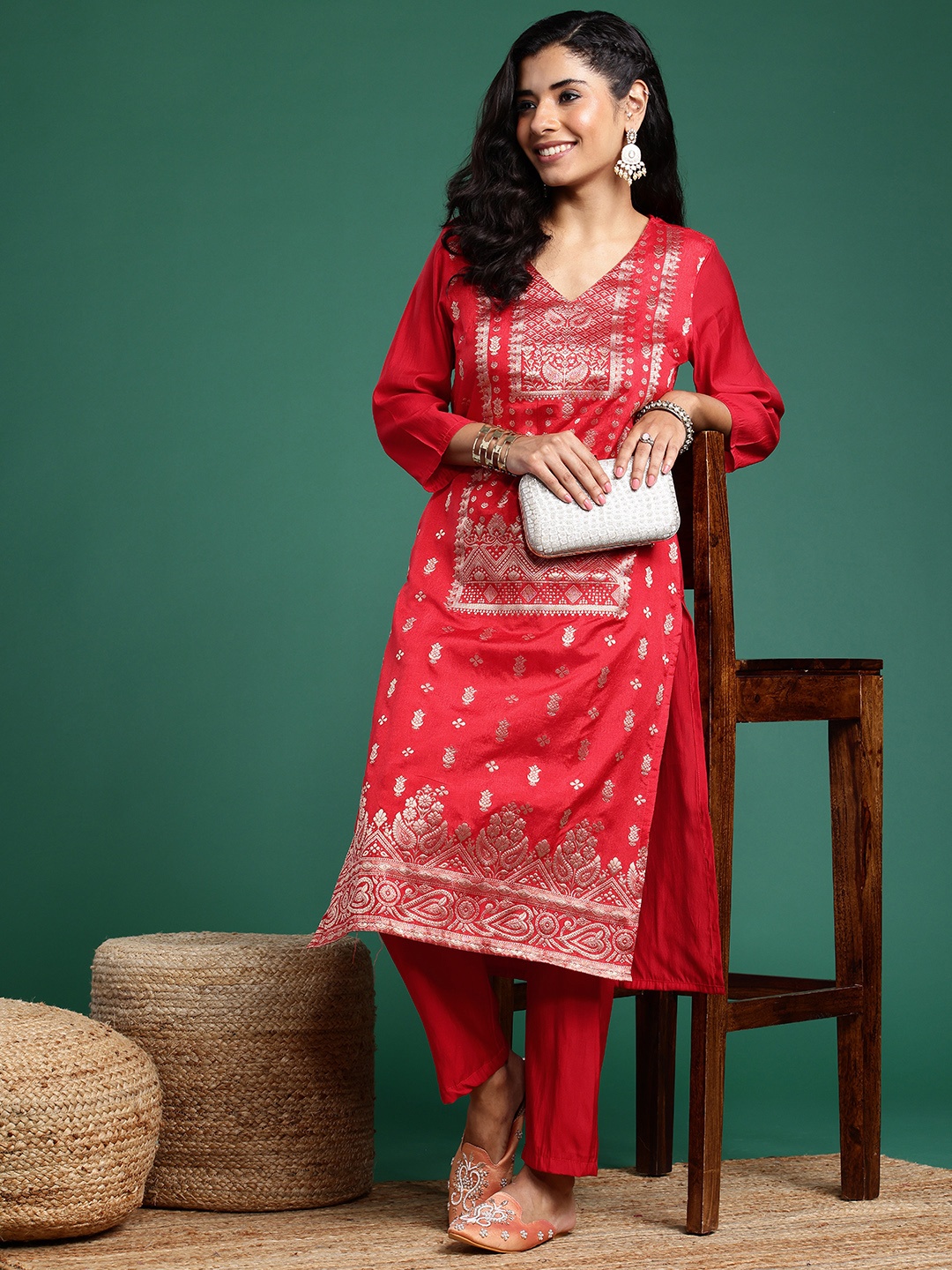 

Sangria Ethnic Motifs Woven Design V-Neck Brocade Kurta with Trousers, Red