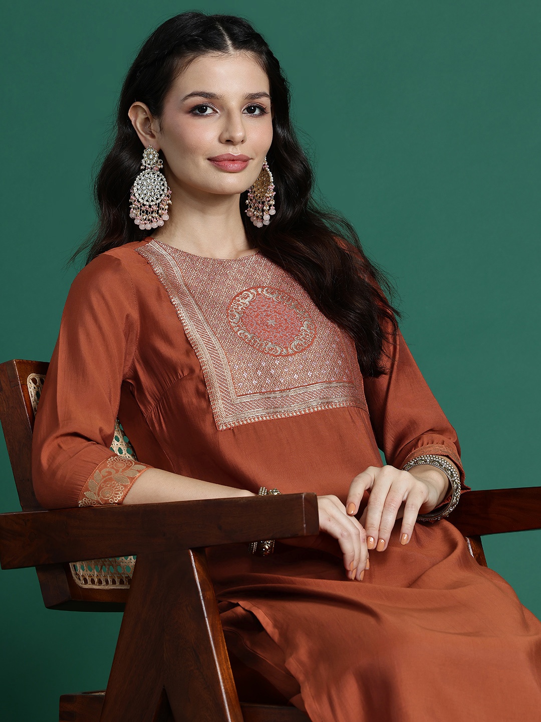 

Sangria Brocade Yoke Design Kurta Set, Rust