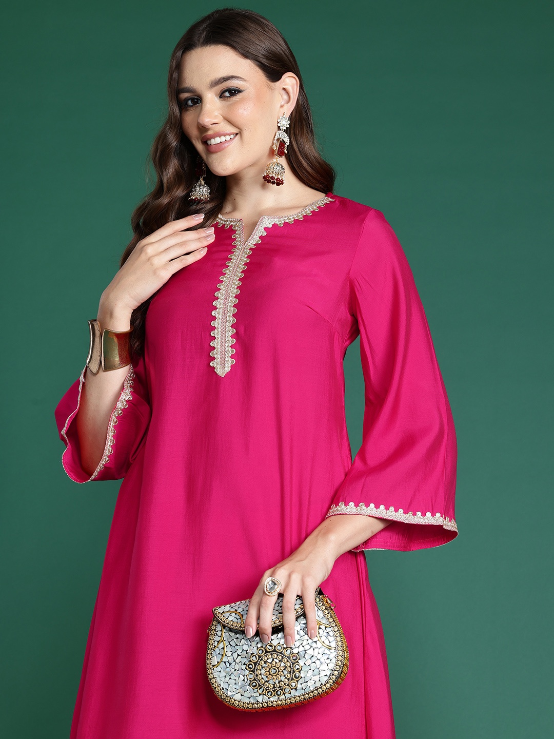 

Sangria Women Yoke Design Regular Sequinned Kurta with Trousers, Fuchsia