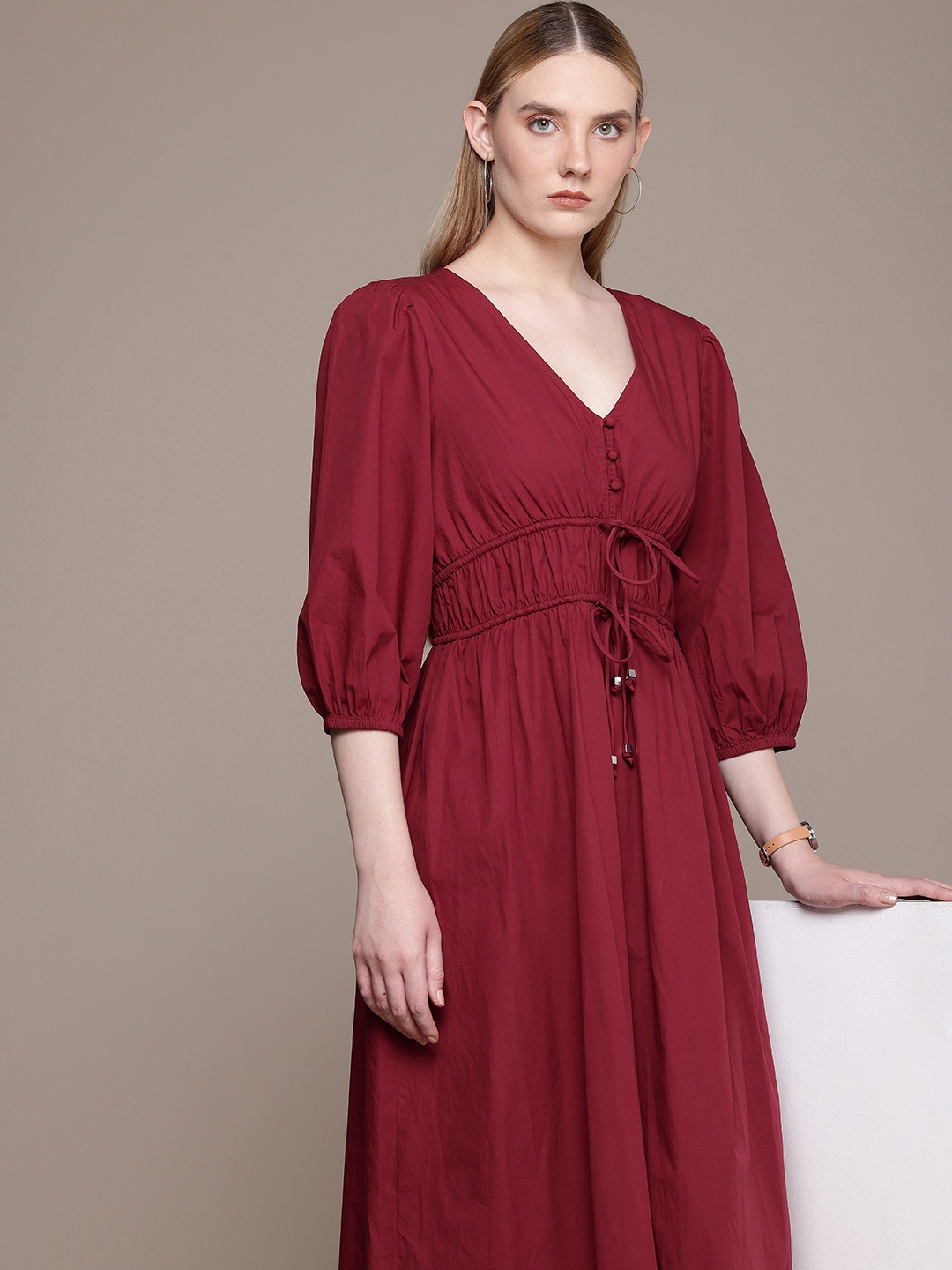 

French Connection Pure Cotton Puff Sleeve Fit & Flare Midi Dress, Maroon