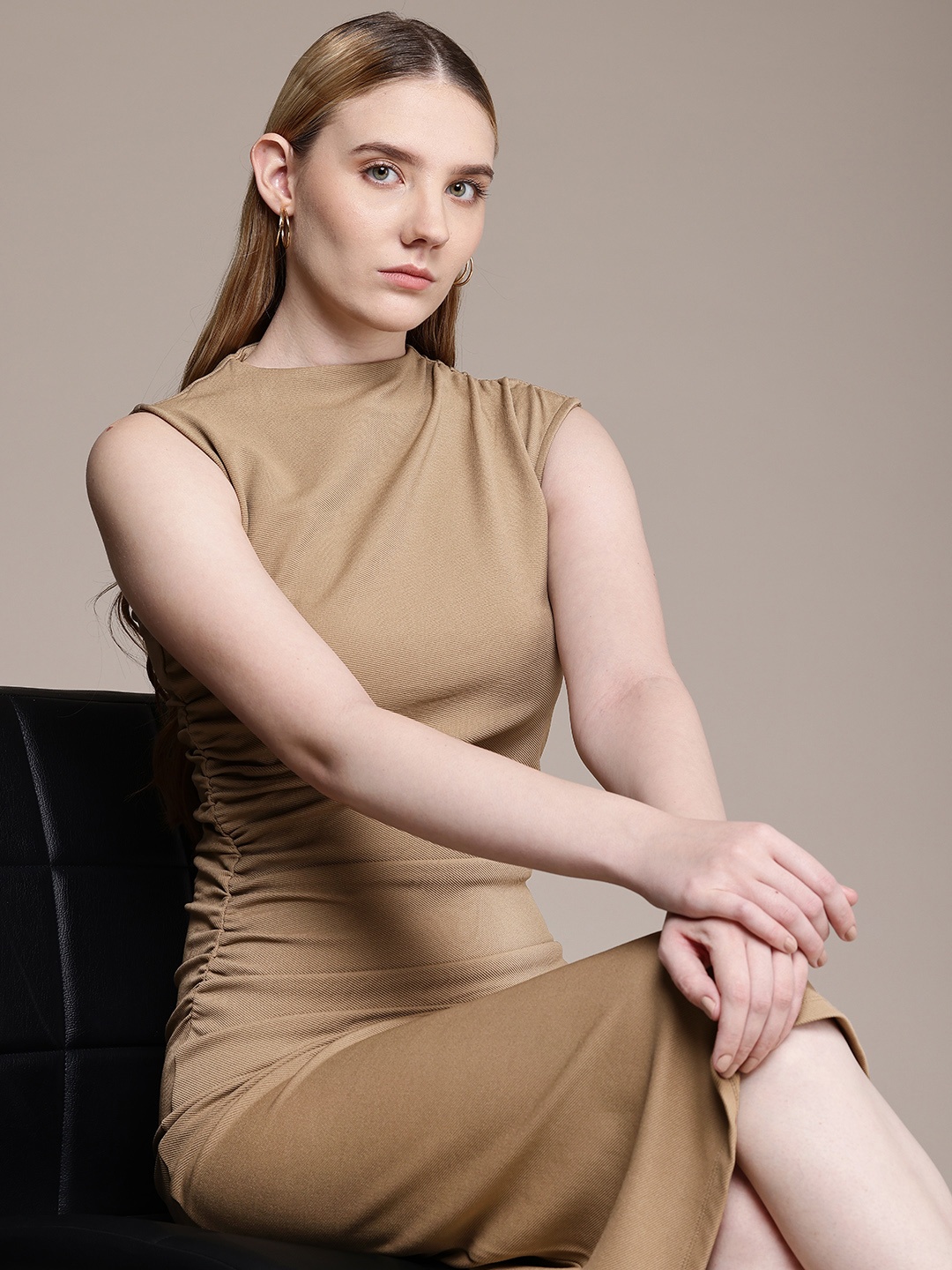 

French Connection Self Design Gathered Ruched Sheath Midi Dress, Beige