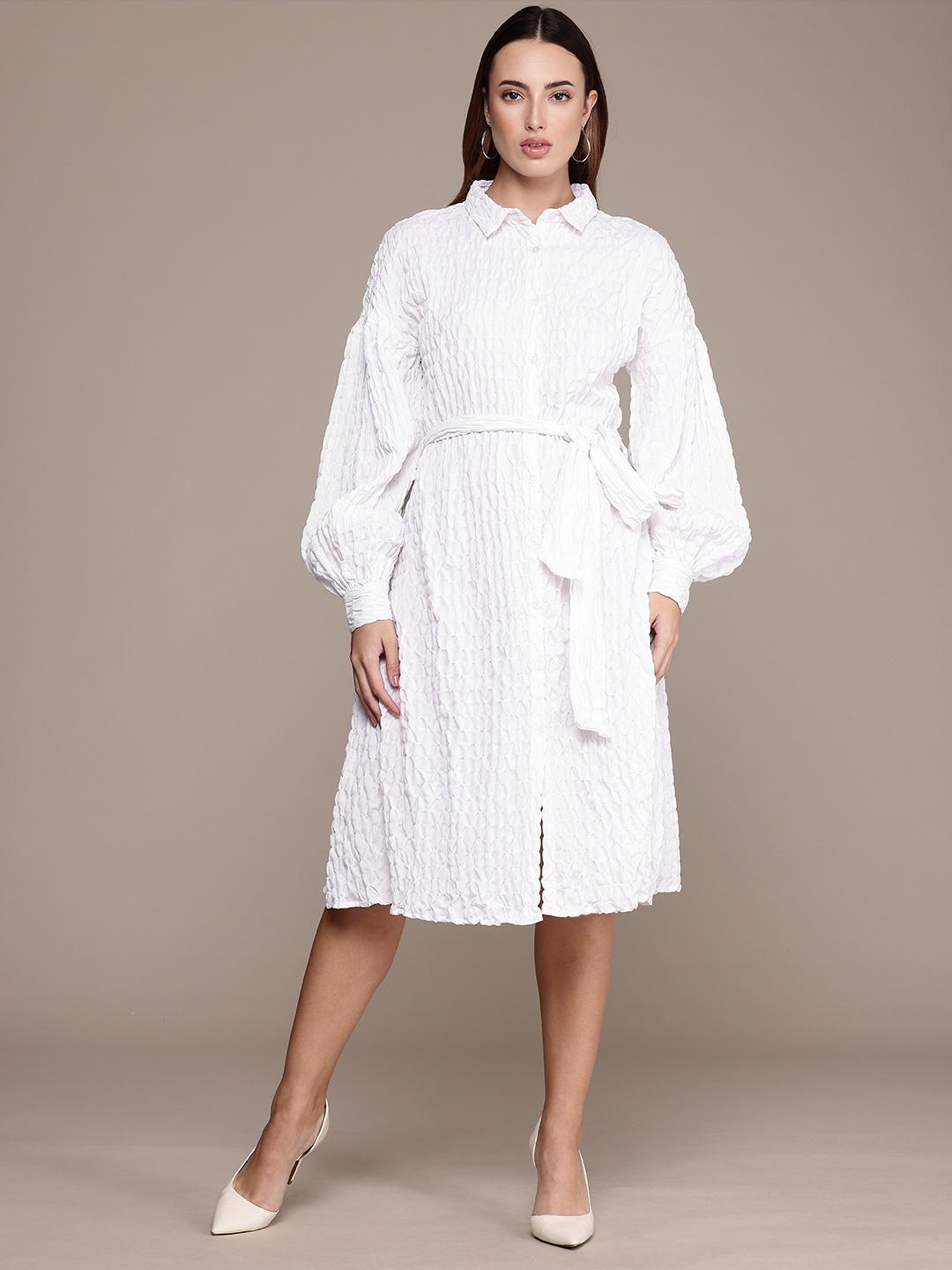 

French Connection Self Design Puff Sleeves Shirt Dress, White