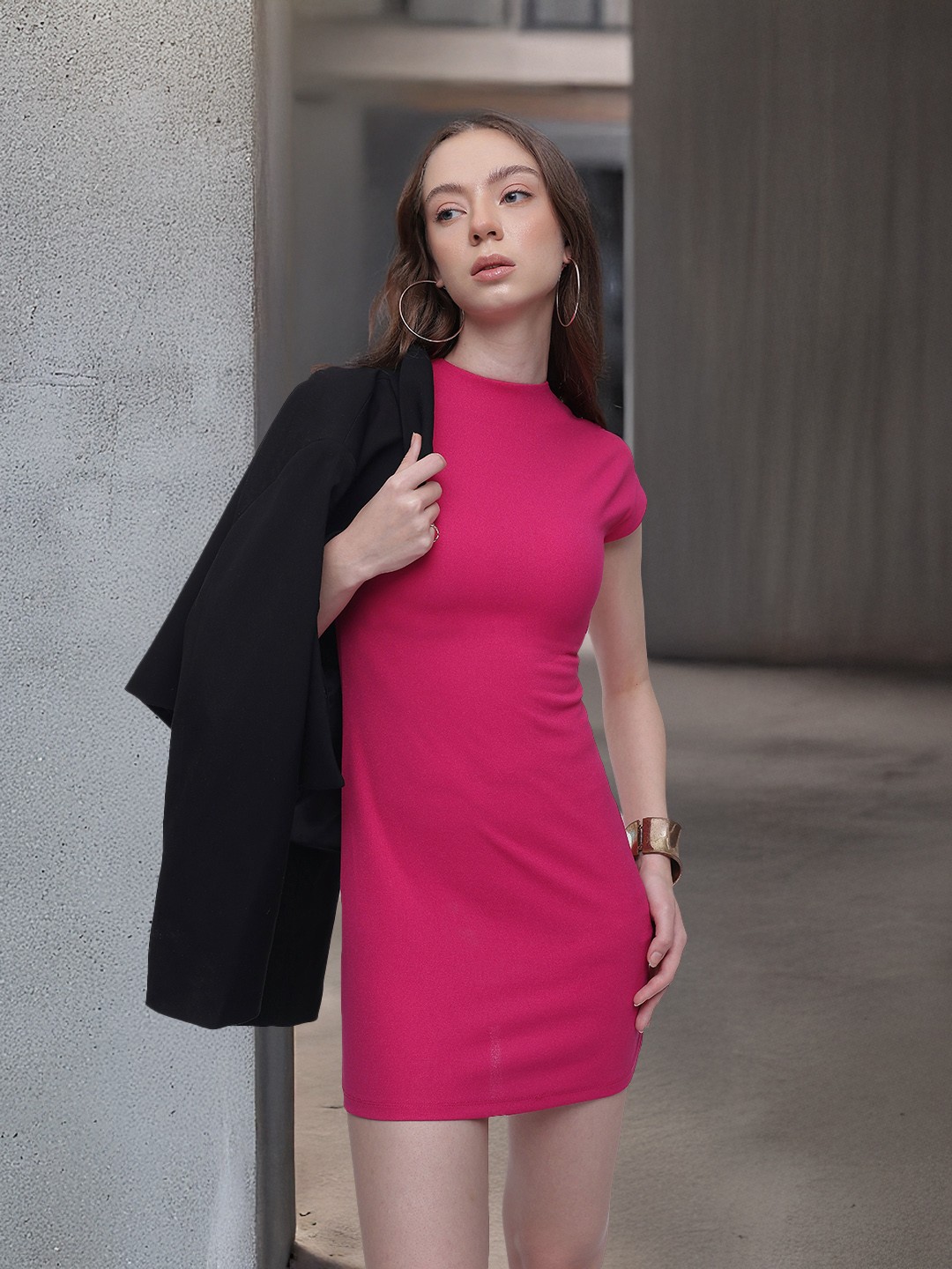 

French Connection High-Neck Bodycon Mini Dress, Pink