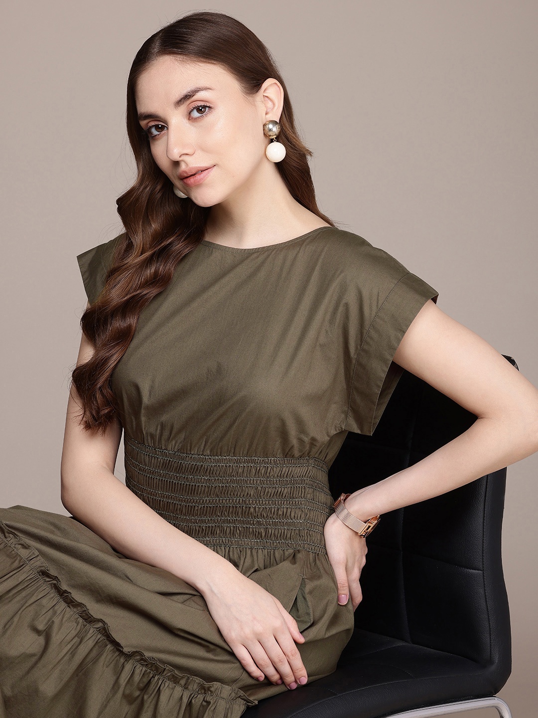 

French Connection Boat Neck Extended Sleeves Smocked Pure Cotton Fit & Flare Midi Dress, Olive