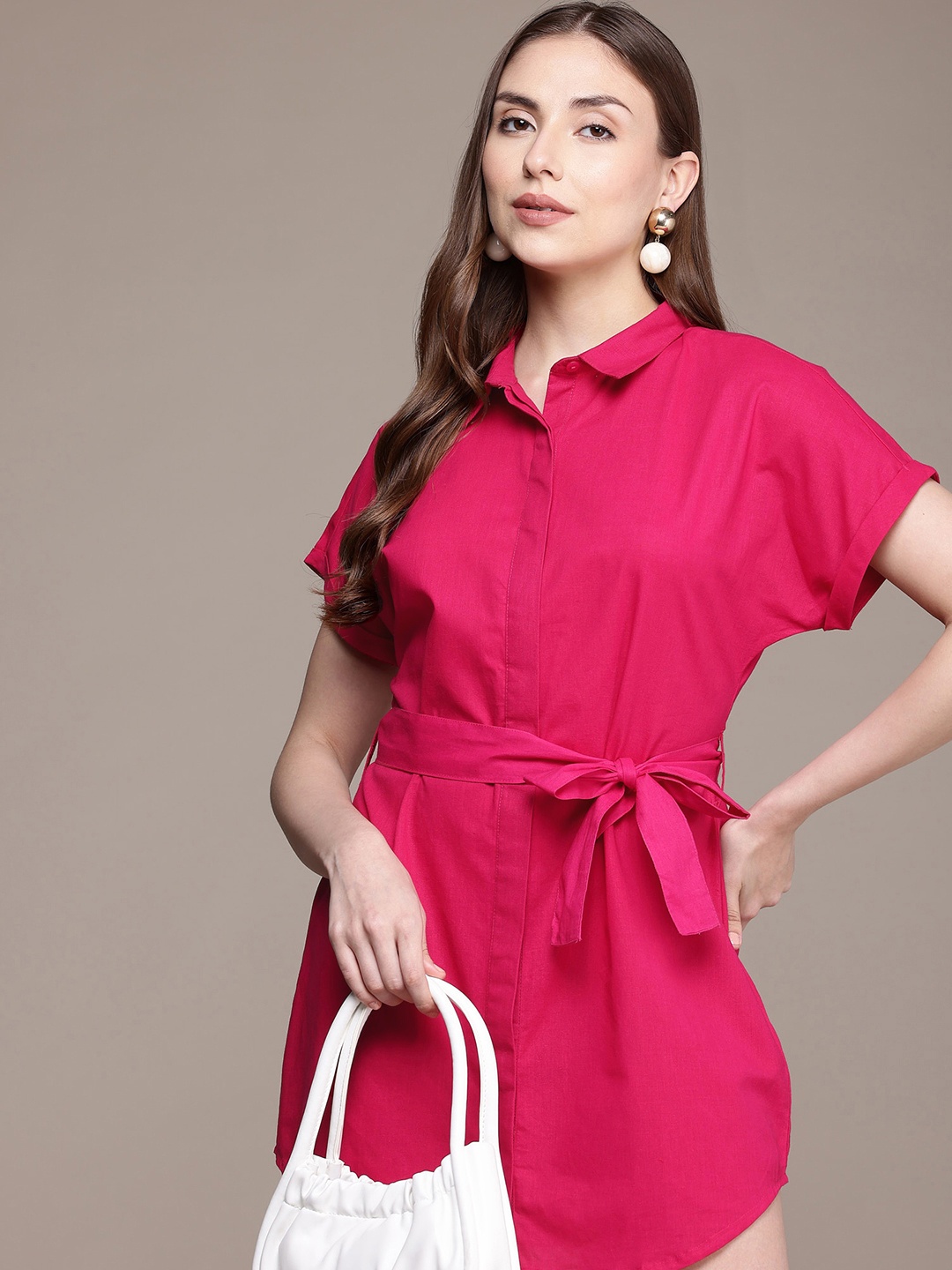 

French Connection Extended Sleeves Shirt Mini Dress With Fabric Tie-Up Belt, Pink