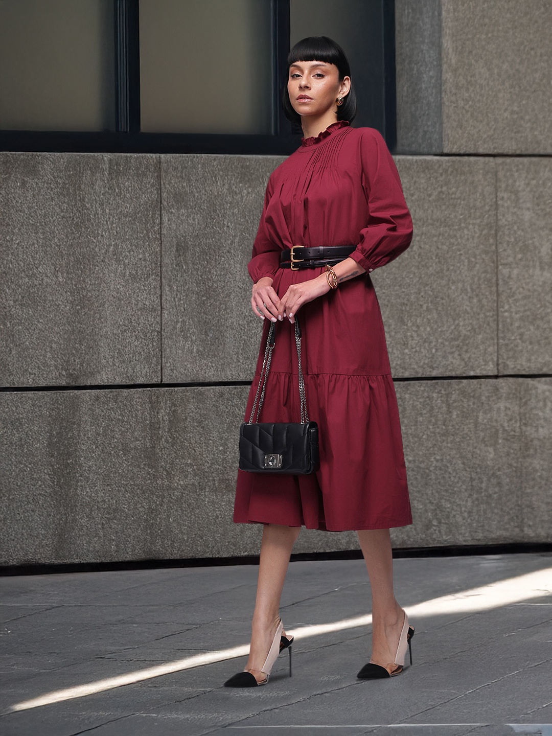 

French Connection Pure Cotton A-Line Tiered Midi Dress, Maroon